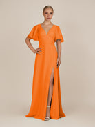 KissDress-Zorina Cinnamon Sheath Chiffon Cap Sleeves V Neck Long Bridesmaid Dress with Slit