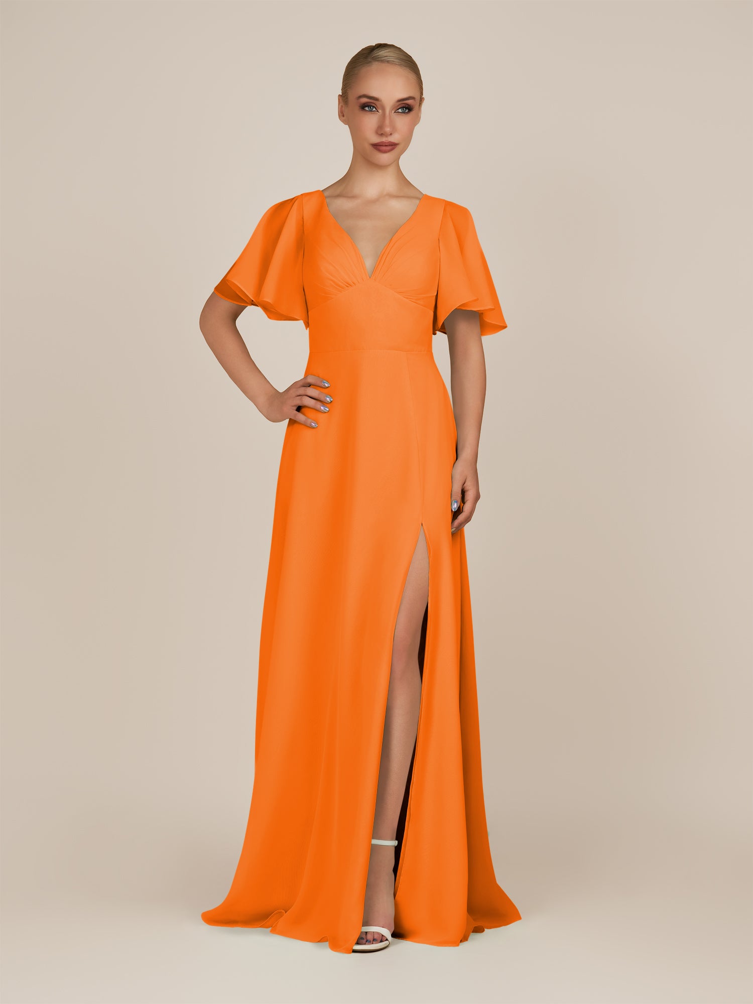 KissDress-Zorina Cinnamon Sheath Chiffon Cap Sleeves V Neck Long Bridesmaid Dress with Slit