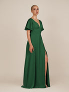 KissDress-Zorina Dark Green Sheath Chiffon Cap Sleeves V Neck Long Bridesmaid Dress with Slit