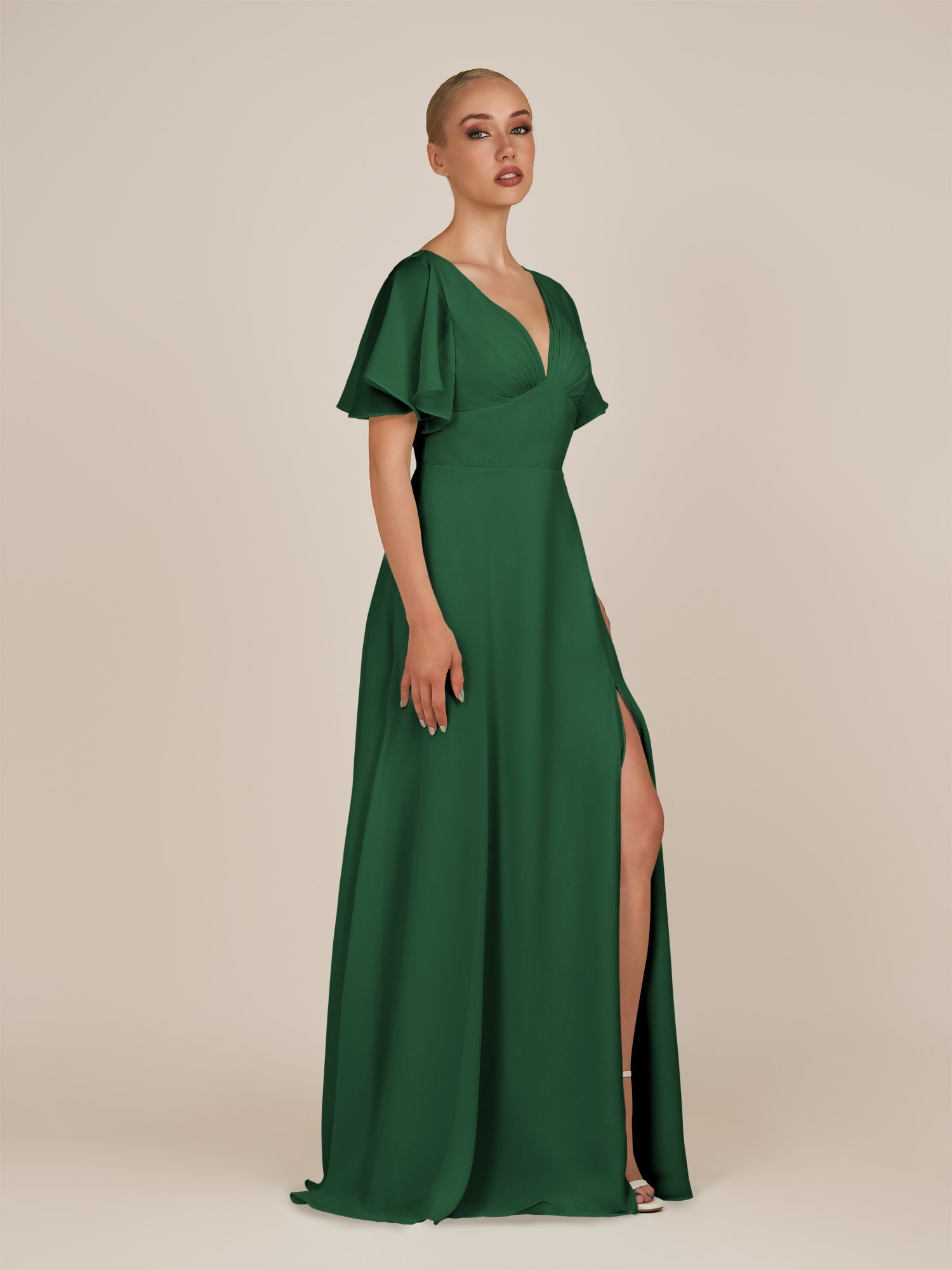 KissDress-Zorina Dark Green Sheath Chiffon Cap Sleeves V Neck Long Bridesmaid Dress with Slit