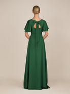 KissDress-Zorina Dark Green Sheath Chiffon Cap Sleeves V Neck Long Bridesmaid Dress with Slit