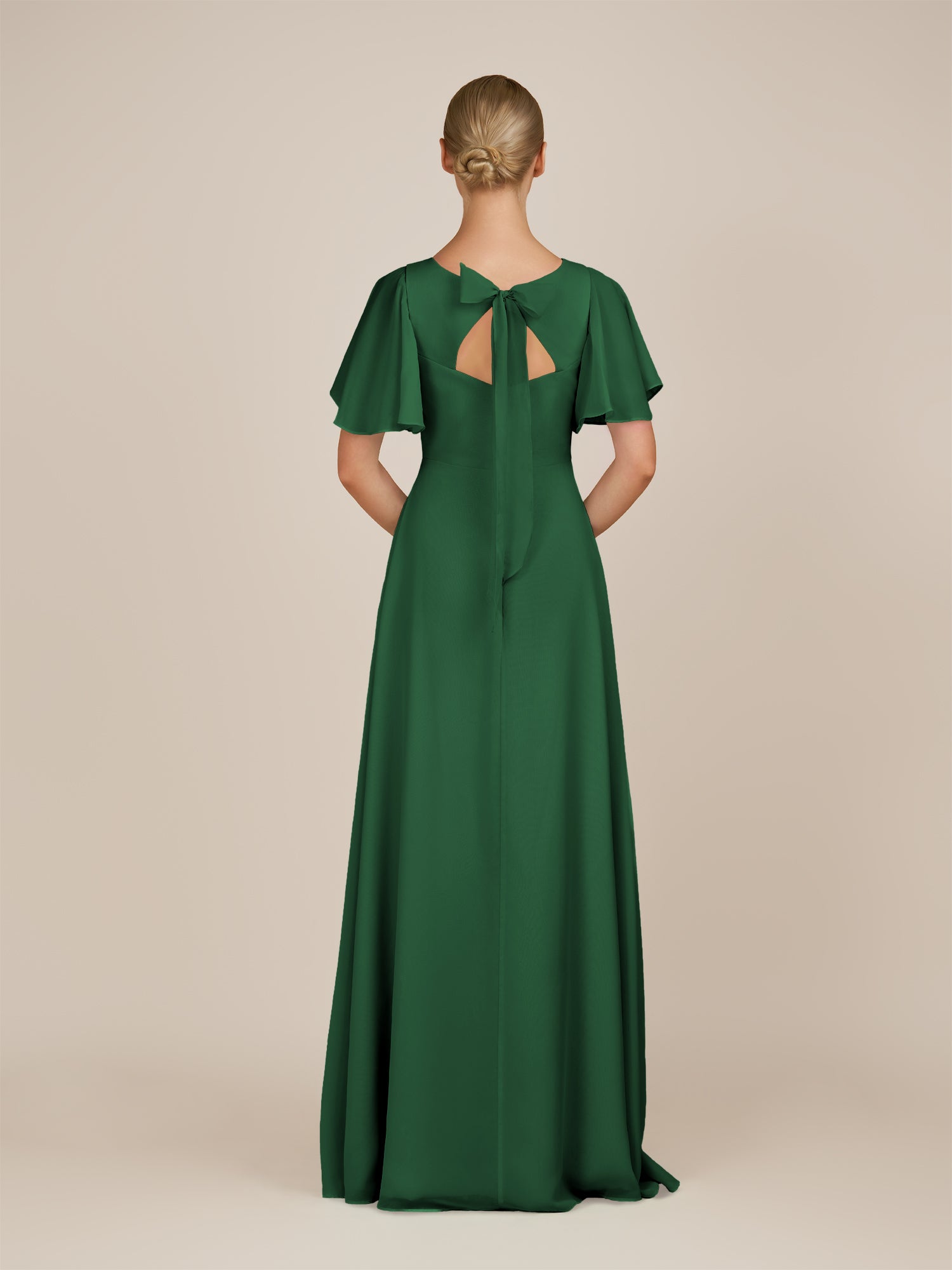 KissDress-Zorina Dark Green Sheath Chiffon Cap Sleeves V Neck Long Bridesmaid Dress with Slit