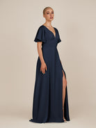 KissDress-Zorina Dark Navy Sheath Chiffon Cap Sleeves V Neck Long Bridesmaid Dress with Slit