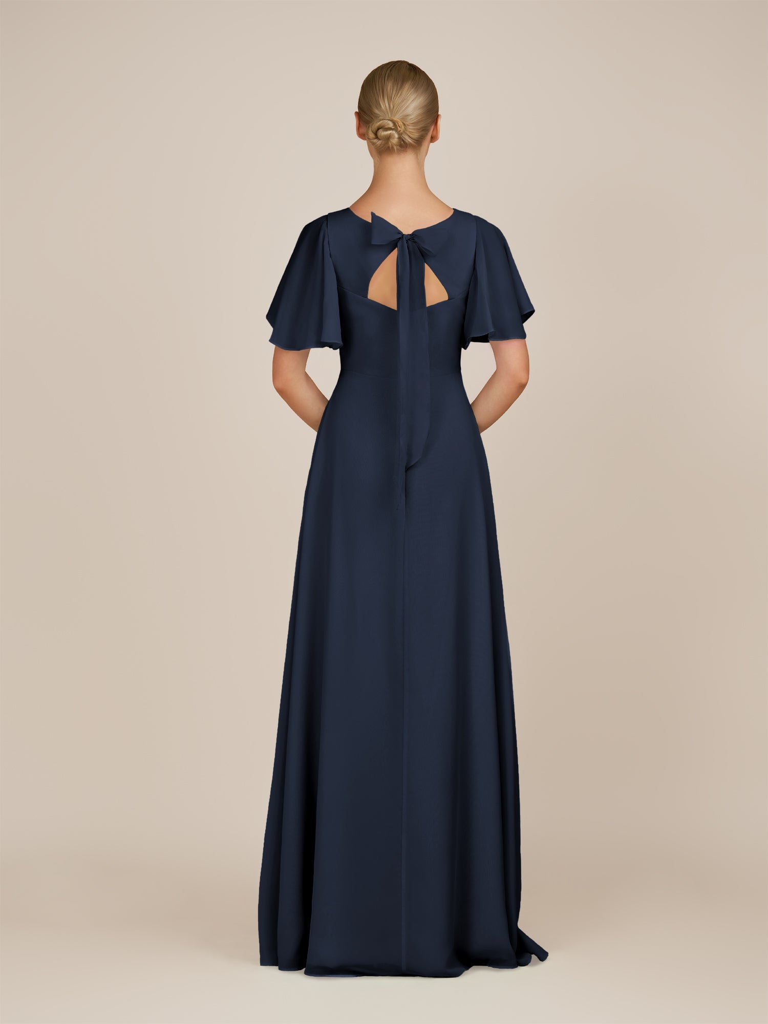 KissDress-Zorina Dark Navy Sheath Chiffon Cap Sleeves V Neck Long Bridesmaid Dress with Slit