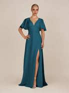KissDress-Zorina Dark Teal Sheath Chiffon Cap Sleeves V Neck Long Bridesmaid Dress with Slit