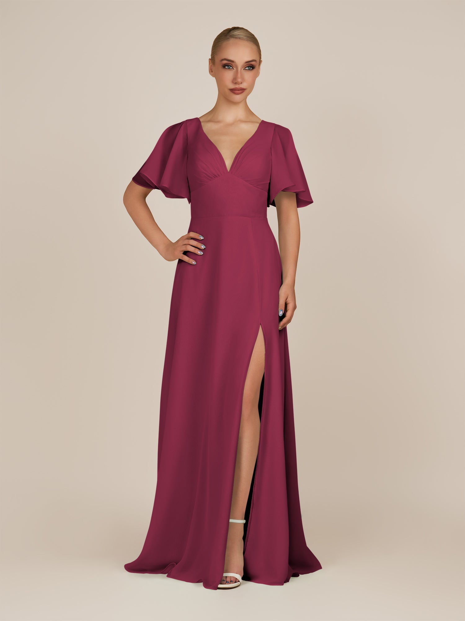 KissDress-Zorina Desert Rose Sheath Chiffon Cap Sleeves V Neck Long Bridesmaid Dress with Slit