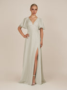 KissDress-Zorina Dove Gray Sheath Chiffon Cap Sleeves V Neck Long Bridesmaid Dress with Slit