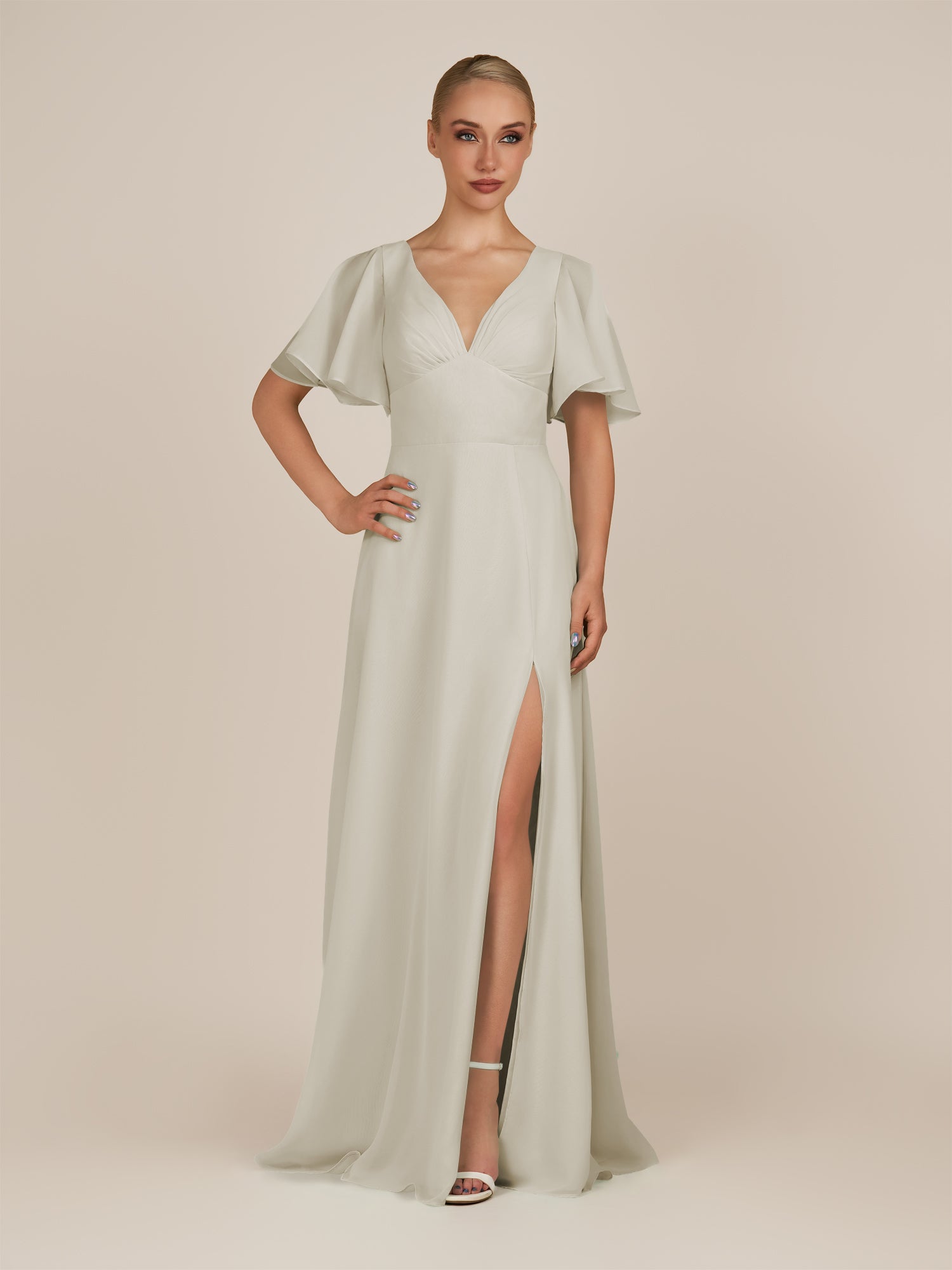 KissDress-Zorina Dove Gray Sheath Chiffon Cap Sleeves V Neck Long Bridesmaid Dress with Slit