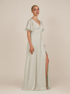 KissDress-Zorina Dove Gray Sheath Chiffon Cap Sleeves V Neck Long Bridesmaid Dress with Slit