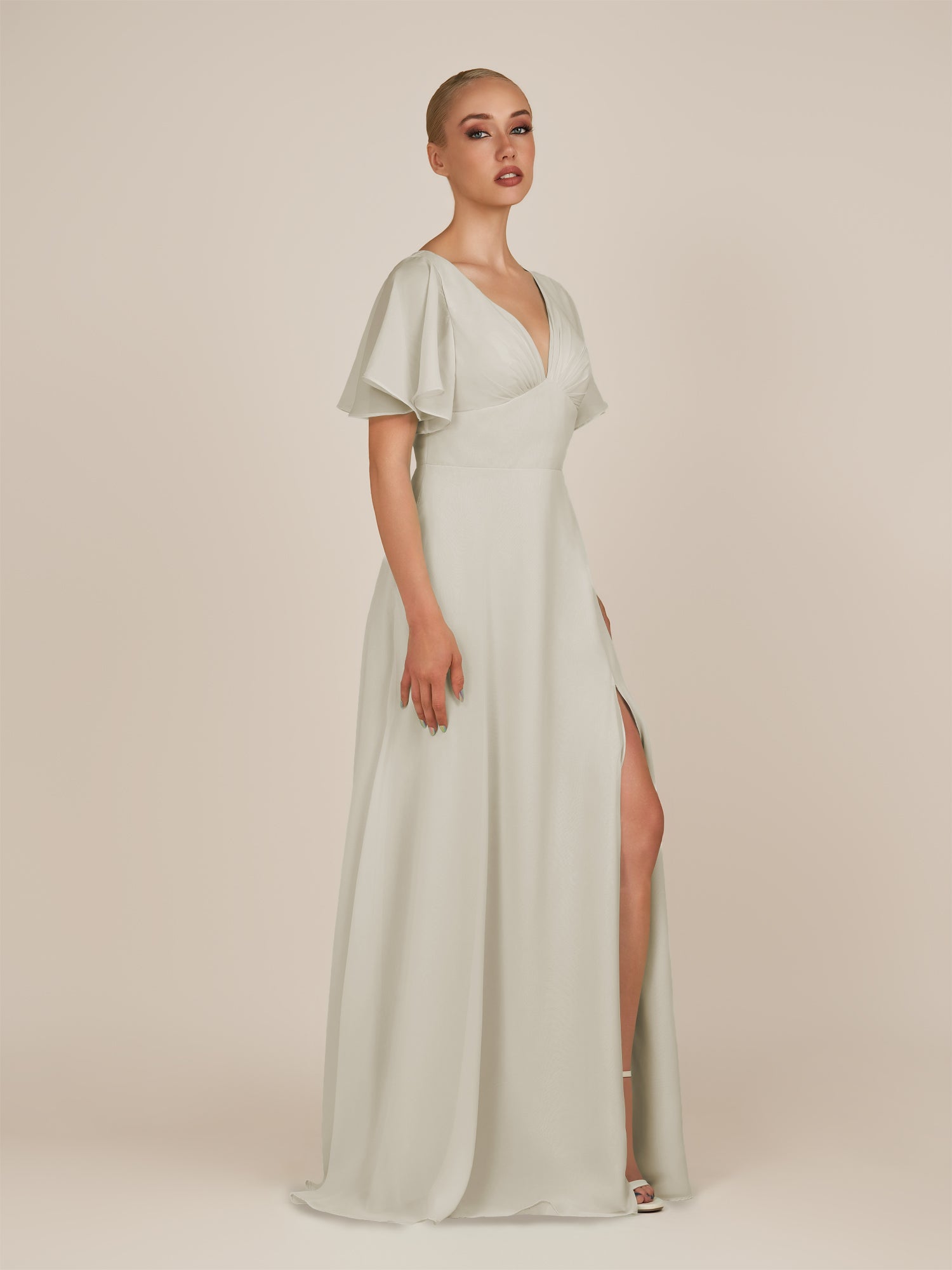 KissDress-Zorina Dove Gray Sheath Chiffon Cap Sleeves V Neck Long Bridesmaid Dress with Slit