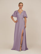 KissDress-Zorina Dusk Sheath Chiffon Cap Sleeves V Neck Long Bridesmaid Dress with Slit
