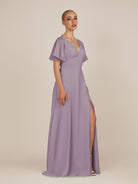 KissDress-Zorina Dusk Sheath Chiffon Cap Sleeves V Neck Long Bridesmaid Dress with Slit