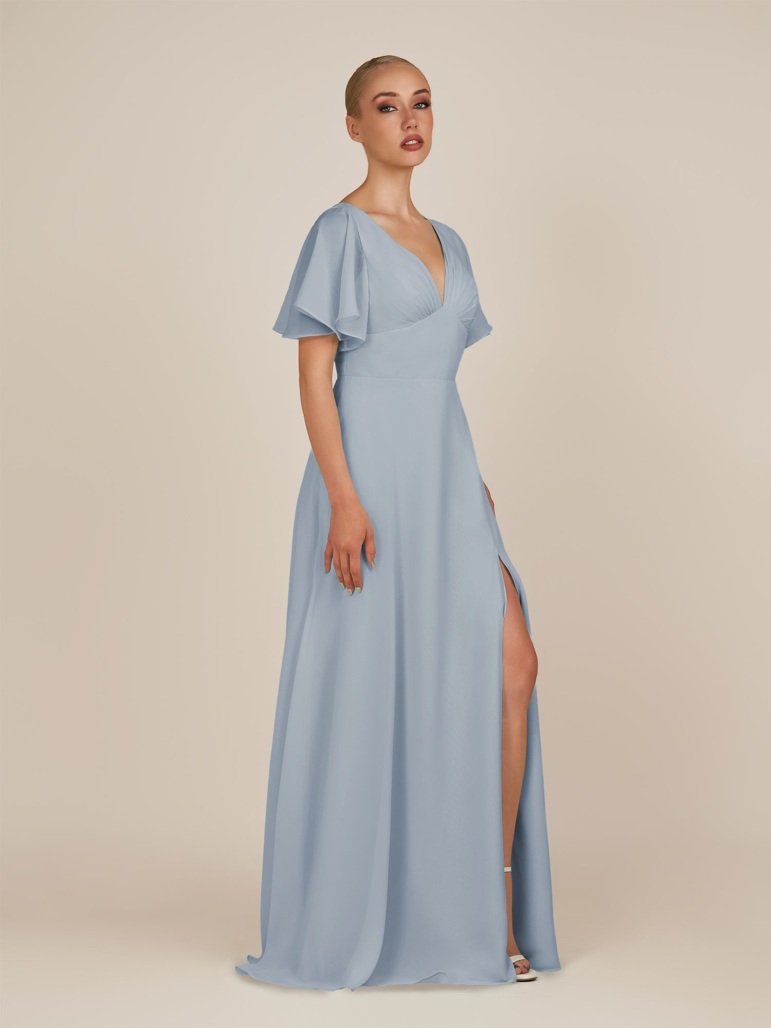 KissDress-Zorina Dusty Blue Sheath Chiffon Cap Sleeves V Neck Long Bridesmaid Dress with Slit