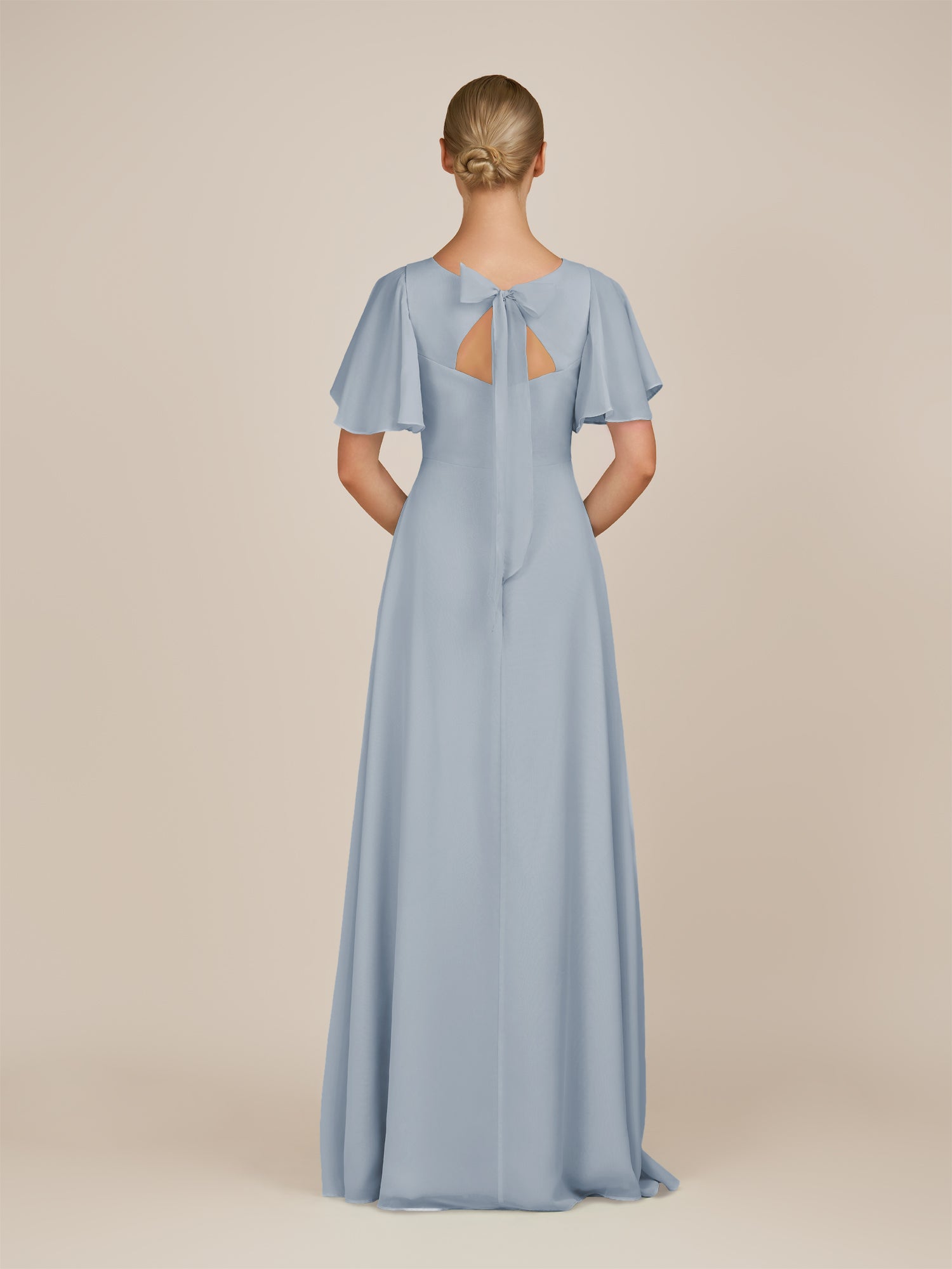 KissDress-Zorina Dusty Blue Sheath Chiffon Cap Sleeves V Neck Long Bridesmaid Dress with Slit