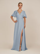 KissDress-Zorina Dusty Blue Sheath Chiffon Cap Sleeves V Neck Long Bridesmaid Dress with Slit