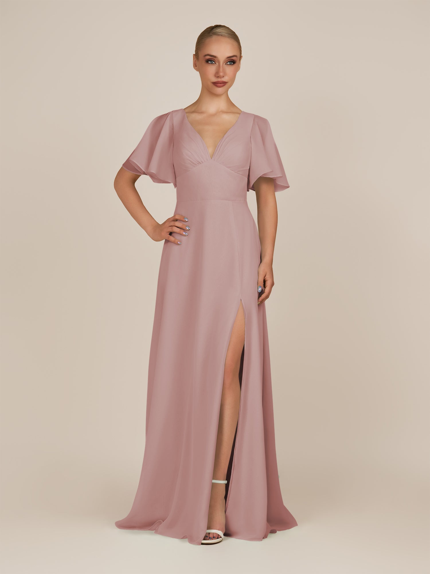 KissDress-Zorina Dusty Rose Sheath Chiffon Cap Sleeves V Neck Long Bridesmaid Dress with Slit