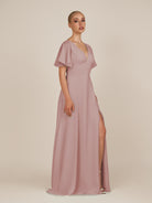 KissDress-Zorina Dusty Rose Sheath Chiffon Cap Sleeves V Neck Long Bridesmaid Dress with Slit