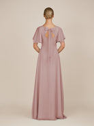 KissDress-Zorina Dusty Rose Sheath Chiffon Cap Sleeves V Neck Long Bridesmaid Dress with Slit