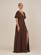 KissDress-Zorina Espresso Sheath Chiffon Cap Sleeves V Neck Long Bridesmaid Dress with Slit