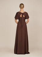 KissDress-Zorina Espresso Sheath Chiffon Cap Sleeves V Neck Long Bridesmaid Dress with Slit