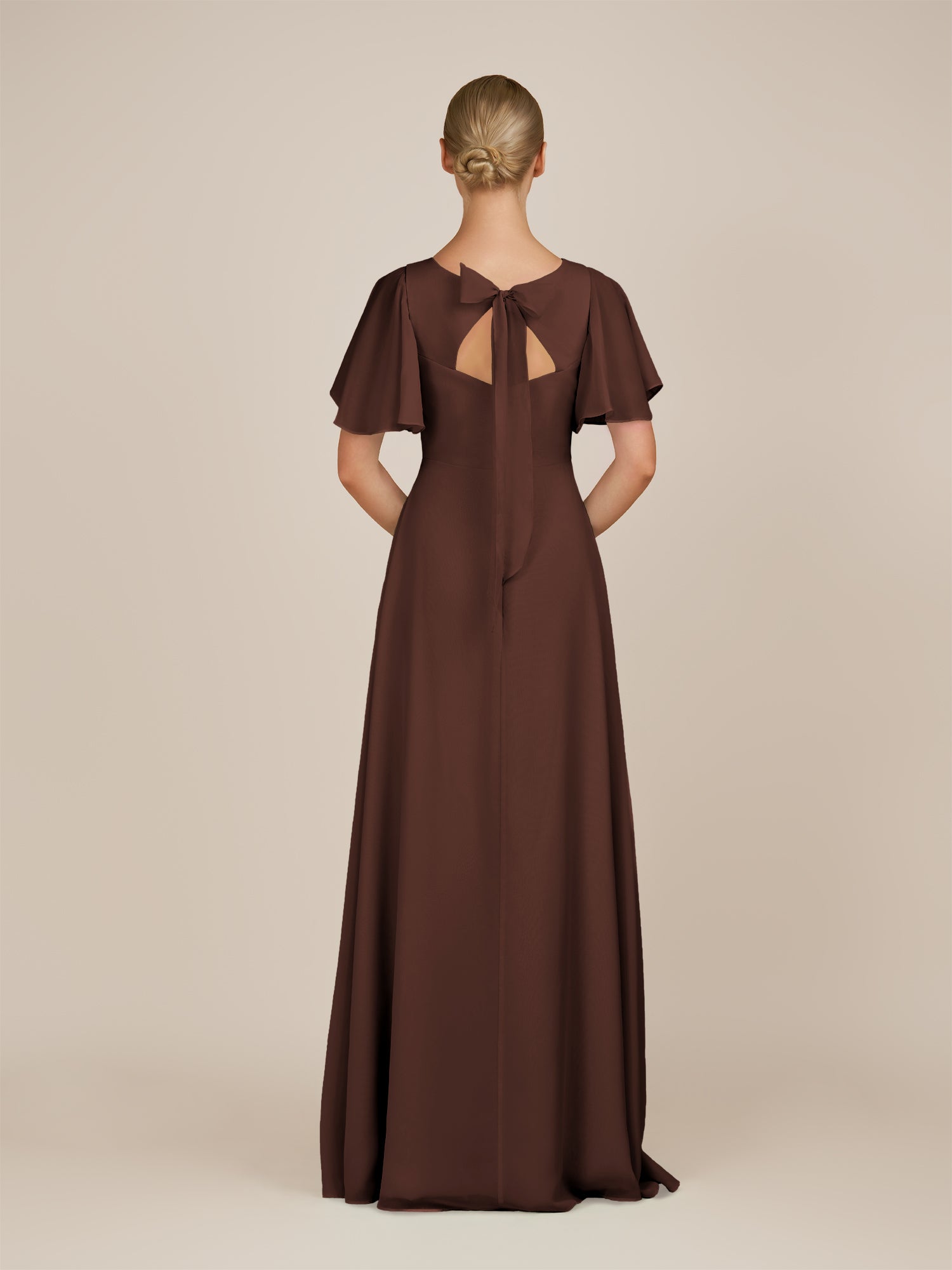 KissDress-Zorina Espresso Sheath Chiffon Cap Sleeves V Neck Long Bridesmaid Dress with Slit
