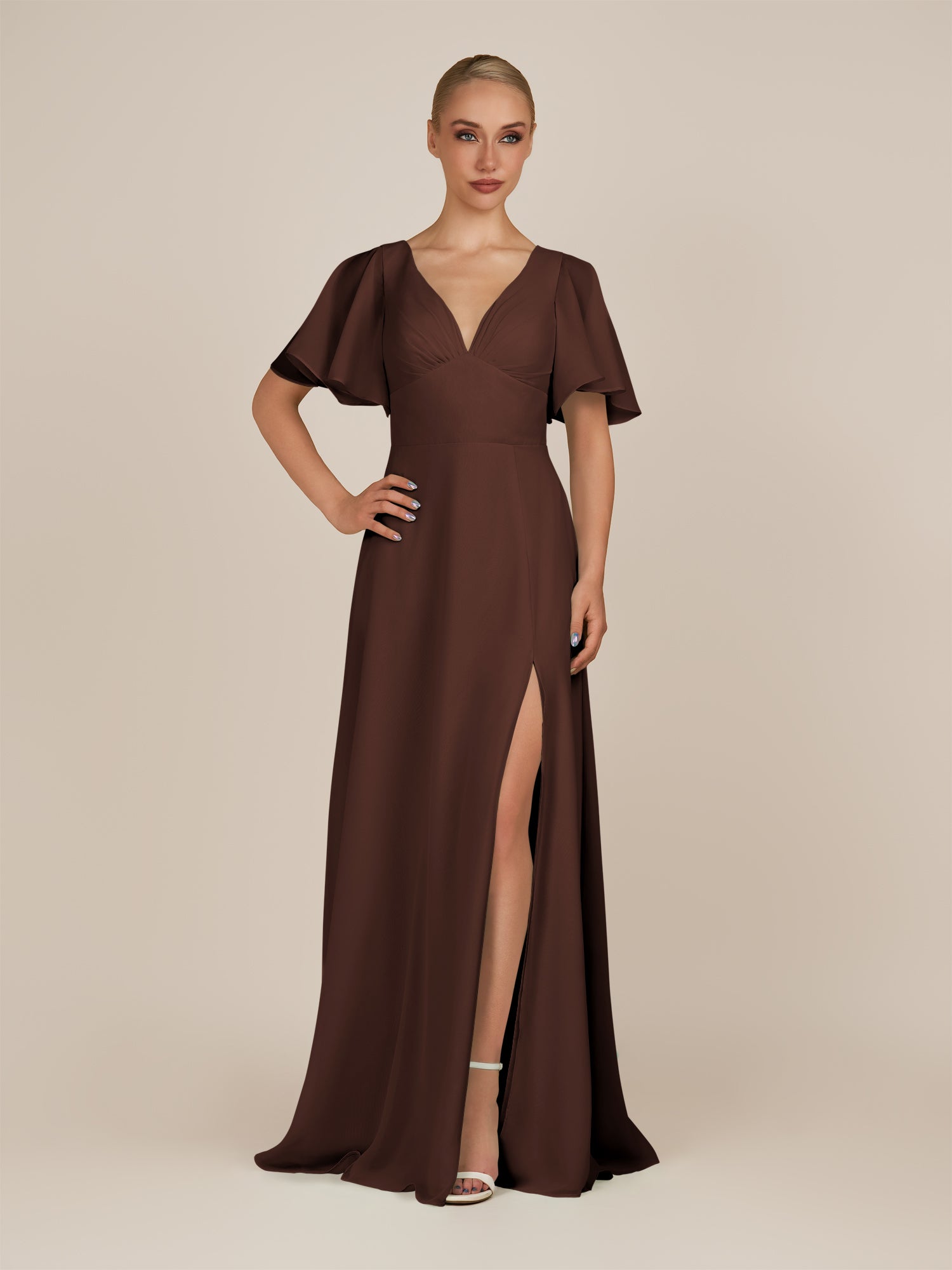 KissDress-Zorina Espresso Sheath Chiffon Cap Sleeves V Neck Long Bridesmaid Dress with Slit