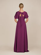KissDress-Zorina Fig Sheath Chiffon Cap Sleeves V Neck Long Bridesmaid Dress with Slit