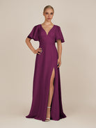 KissDress-Zorina Fig Sheath Chiffon Cap Sleeves V Neck Long Bridesmaid Dress with Slit