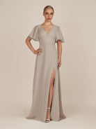 KissDress-Zorina Frost Sheath Chiffon Cap Sleeves V Neck Long Bridesmaid Dress with Slit