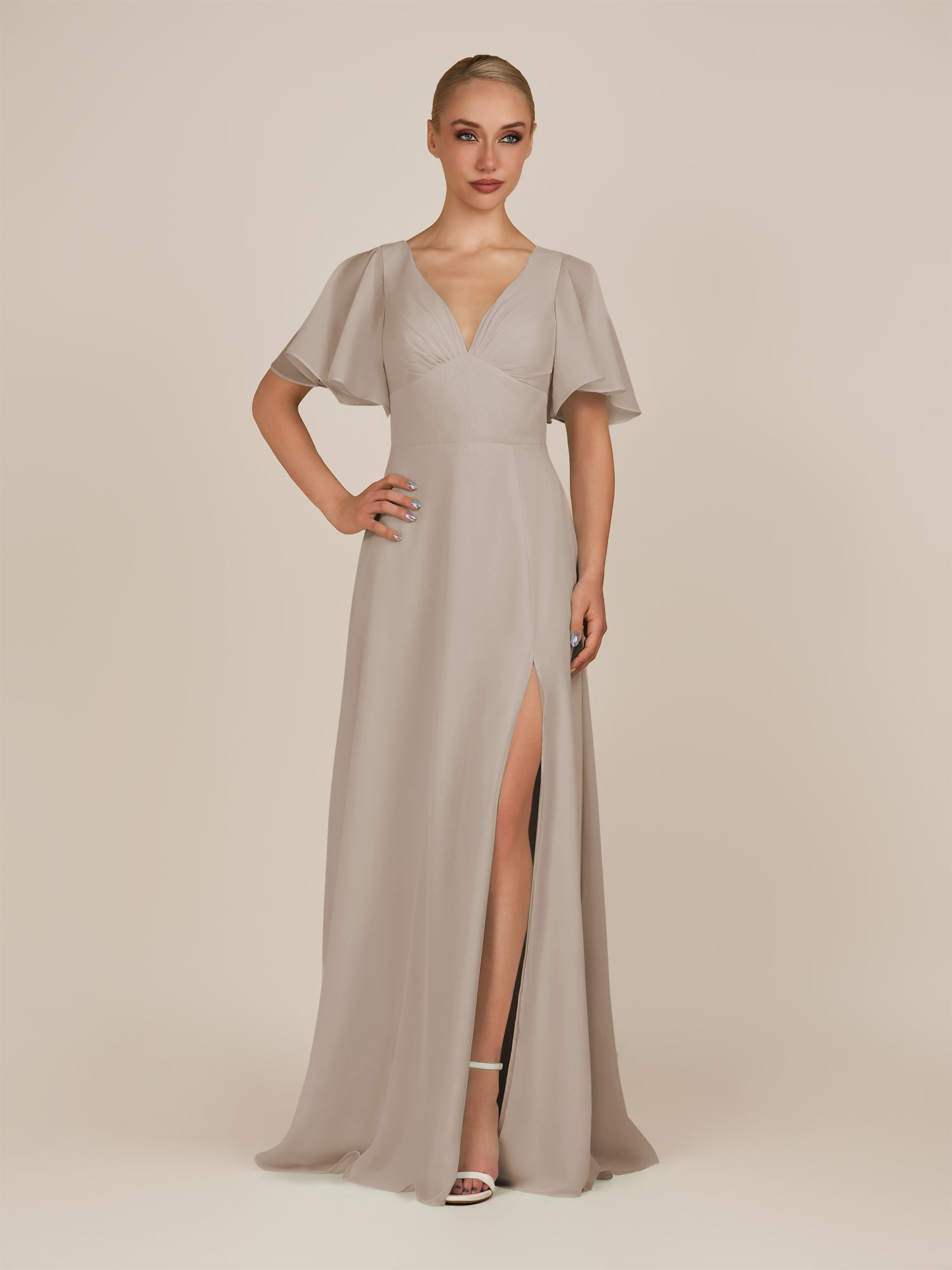 KissDress-Zorina Frost Sheath Chiffon Cap Sleeves V Neck Long Bridesmaid Dress with Slit