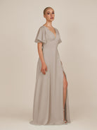 KissDress-Zorina Frost Sheath Chiffon Cap Sleeves V Neck Long Bridesmaid Dress with Slit