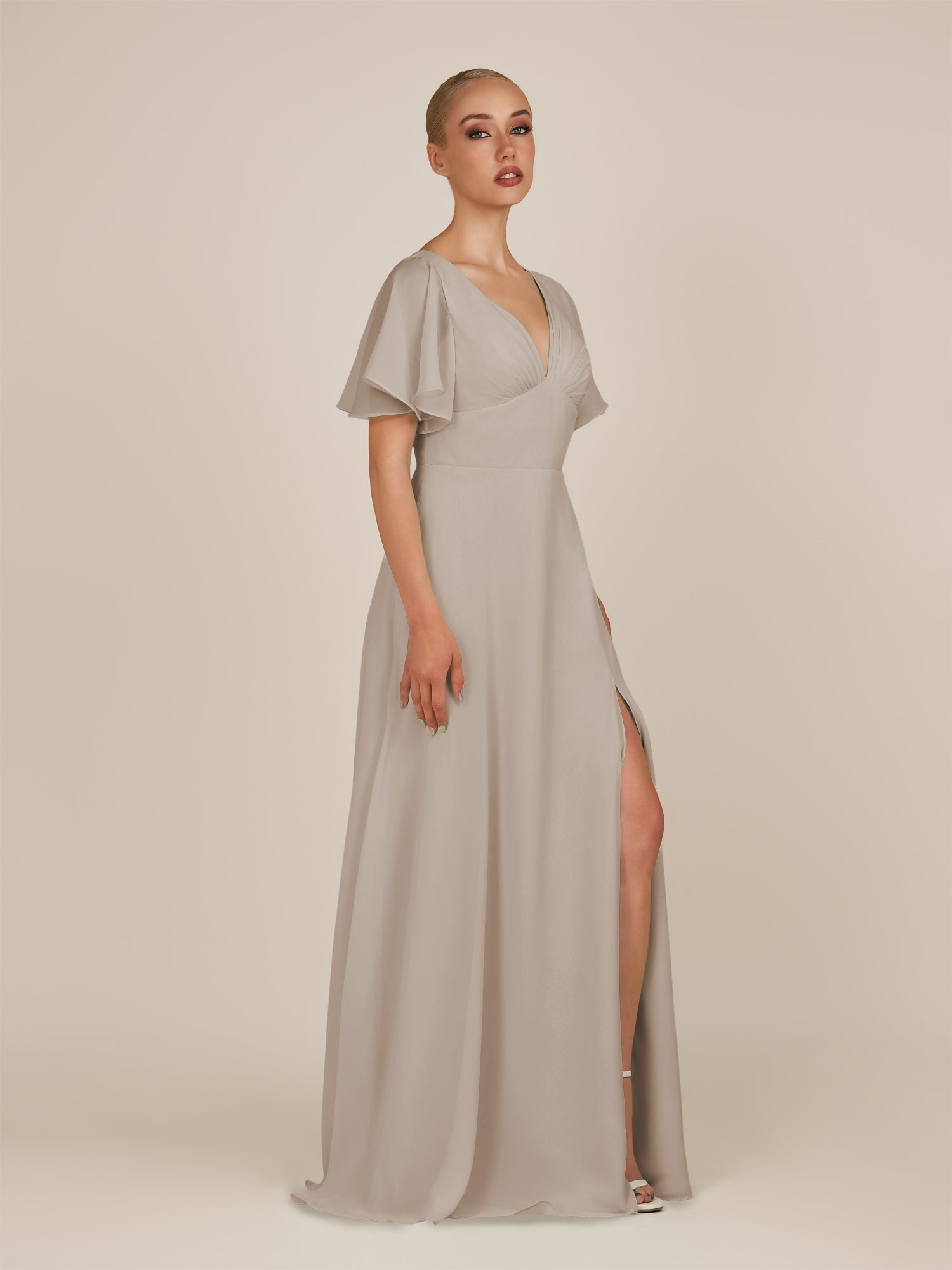 KissDress-Zorina Frost Sheath Chiffon Cap Sleeves V Neck Long Bridesmaid Dress with Slit