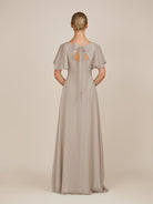KissDress-Zorina Frost Sheath Chiffon Cap Sleeves V Neck Long Bridesmaid Dress with Slit