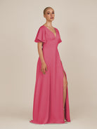KissDress-Zorina Fuchsia Sheath Chiffon Cap Sleeves V Neck Long Bridesmaid Dress with Slit