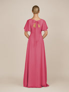 KissDress-Zorina Fuchsia Sheath Chiffon Cap Sleeves V Neck Long Bridesmaid Dress with Slit
