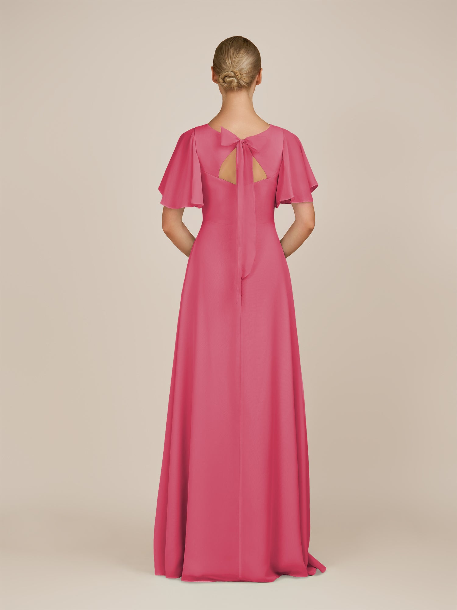 KissDress-Zorina Fuchsia Sheath Chiffon Cap Sleeves V Neck Long Bridesmaid Dress with Slit
