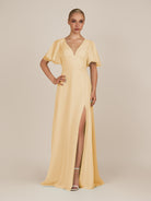 KissDress-Zorina Golden Champagne Sheath Chiffon Cap Sleeves V Neck Long Bridesmaid Dress with Slit