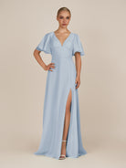 KissDress-Zorina Ice Sheath Chiffon Cap Sleeves V Neck Long Bridesmaid Dress with Slit
