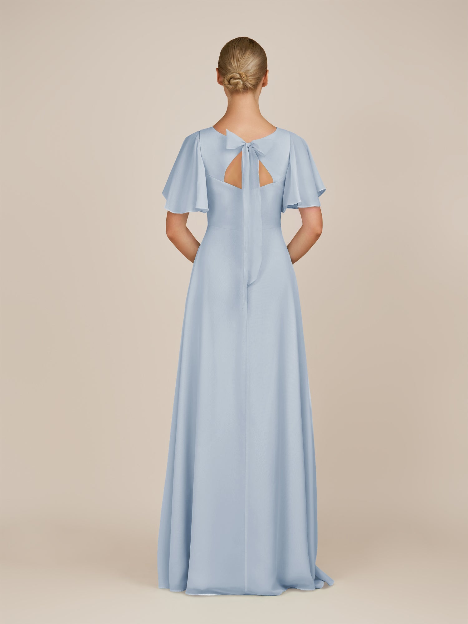KissDress-Zorina Ice Sheath Chiffon Cap Sleeves V Neck Long Bridesmaid Dress with Slit
