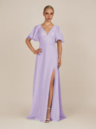 KissDress-Zorina Lavender Sheath Chiffon Cap Sleeves V Neck Long Bridesmaid Dress with Slit