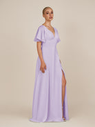 KissDress-Zorina Lavender Sheath Chiffon Cap Sleeves V Neck Long Bridesmaid Dress with Slit