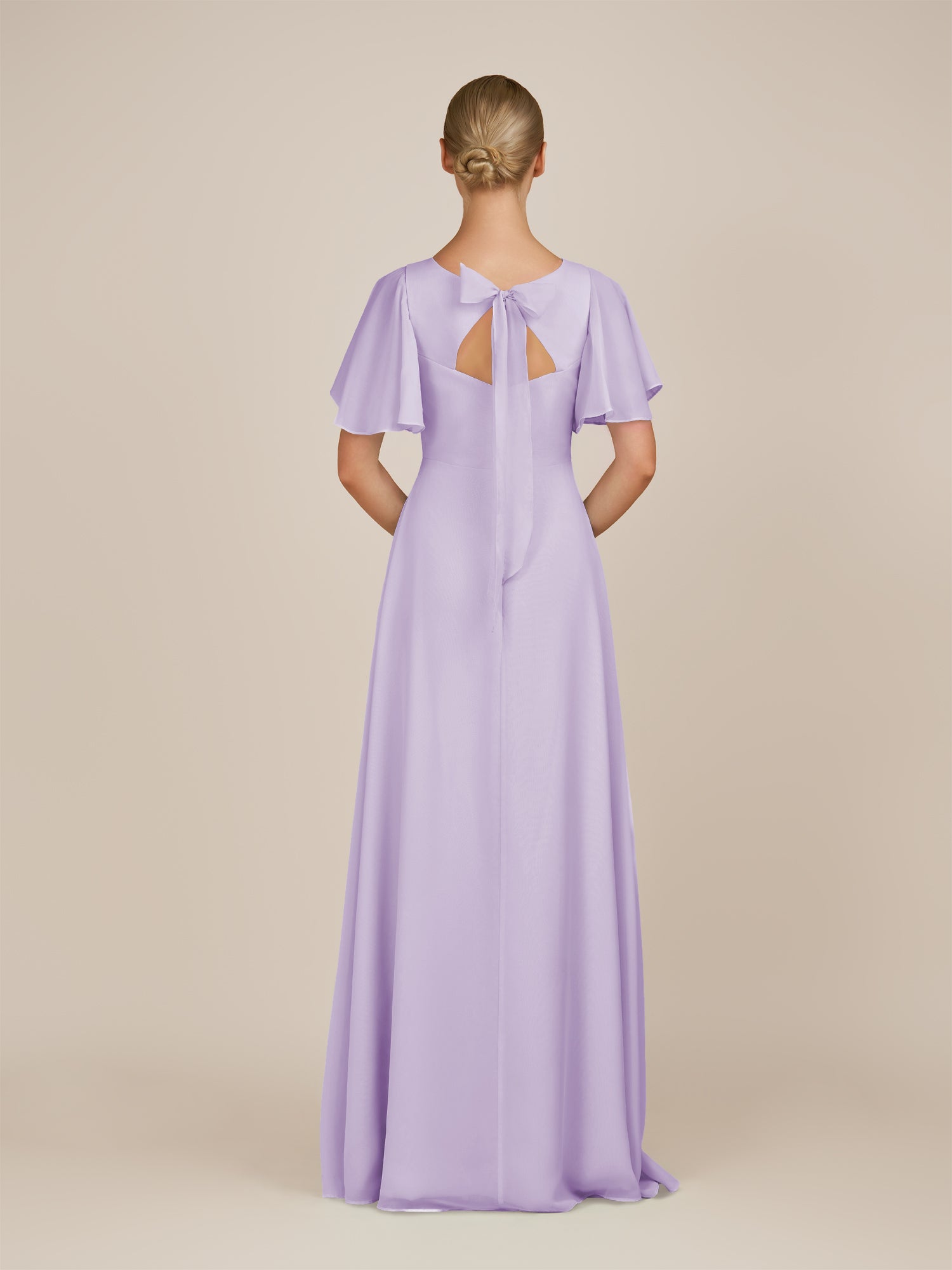 KissDress-Zorina Lavender Sheath Chiffon Cap Sleeves V Neck Long Bridesmaid Dress with Slit