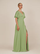 KissDress-Zorina Matcha Sheath Chiffon Cap Sleeves V Neck Long Bridesmaid Dress with Slit