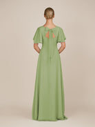 KissDress-Zorina Matcha Sheath Chiffon Cap Sleeves V Neck Long Bridesmaid Dress with Slit