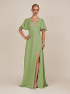 KissDress-Zorina Matcha Sheath Chiffon Cap Sleeves V Neck Long Bridesmaid Dress with Slit