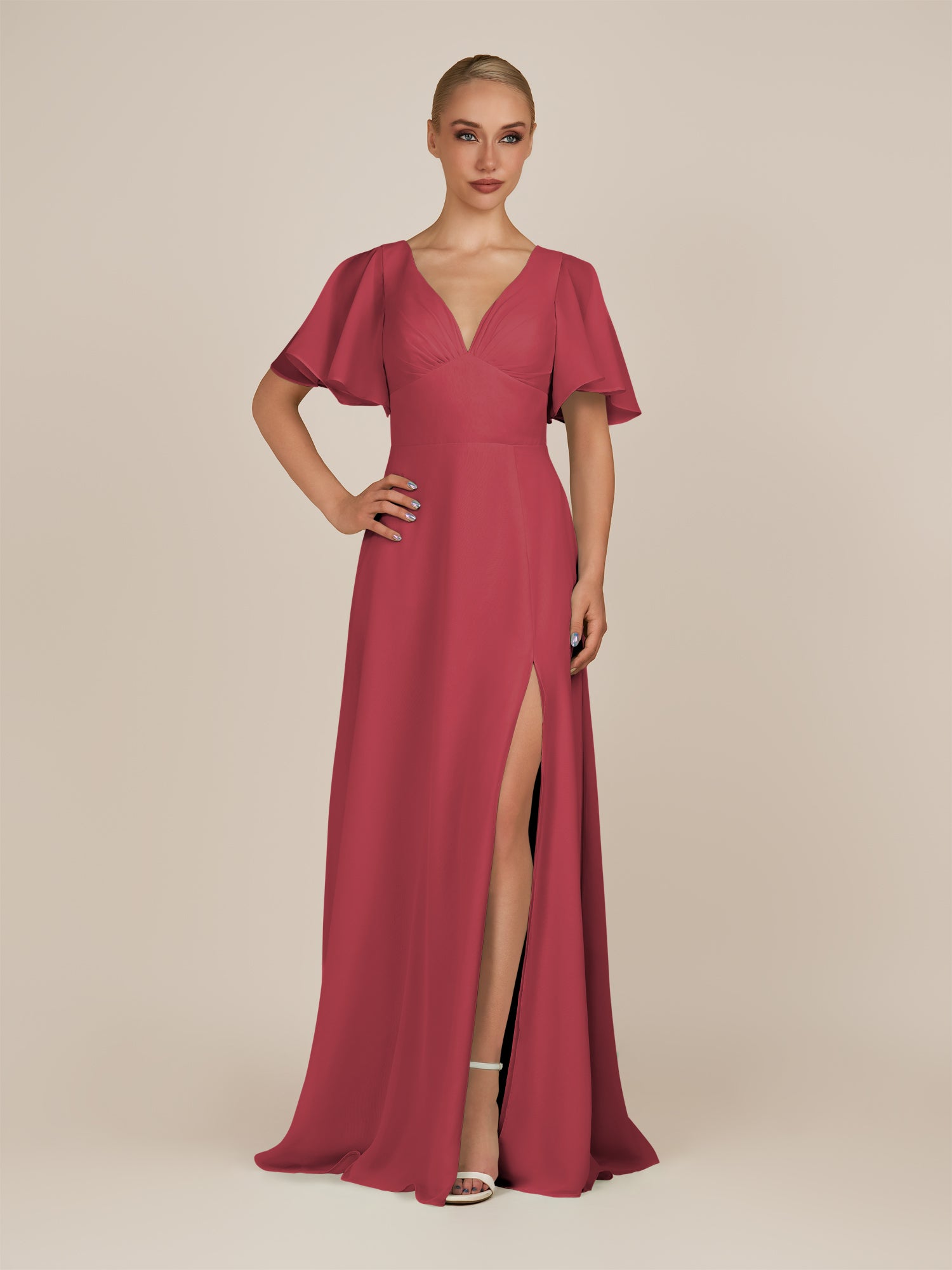 KissDress-Zorina Merlot Sheath Chiffon Cap Sleeves V Neck Long Bridesmaid Dress with Slit