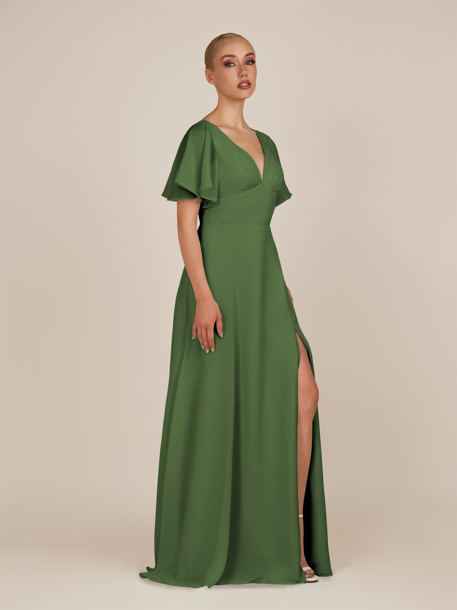 KissDress-Zorina Moss Sheath Chiffon Cap Sleeves V Neck Long Bridesmaid Dress with Slit