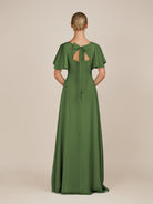 KissDress-Zorina Moss Sheath Chiffon Cap Sleeves V Neck Long Bridesmaid Dress with Slit