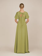 KissDress-Zorina Moss Green Sheath Chiffon Cap Sleeves V Neck Long Bridesmaid Dress with Slit