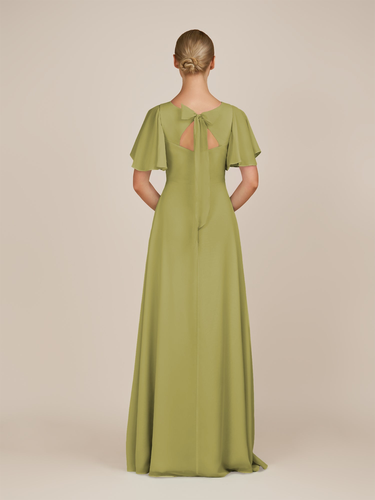 KissDress-Zorina Moss Green Sheath Chiffon Cap Sleeves V Neck Long Bridesmaid Dress with Slit
